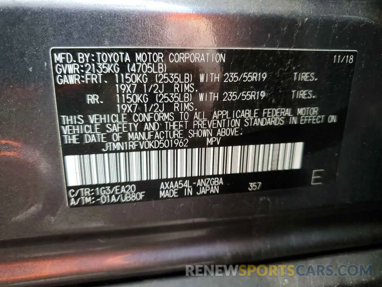 14 fotografías del automóvil dañado JTMN1RFV0KD501962 TOYOTA RAV4 2019