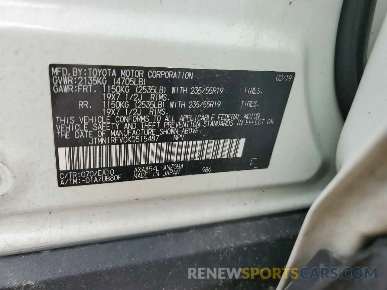 15 fotografías del automóvil dañado JTMN1RFV0KD515487 TOYOTA RAV4 2019