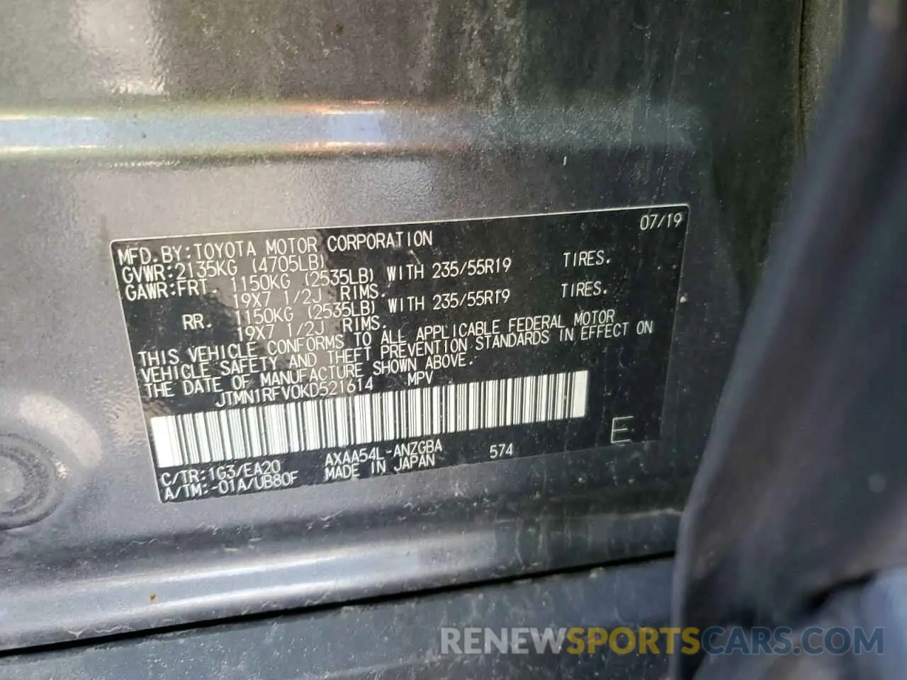 14 fotografías del automóvil dañado JTMN1RFV0KD521614 TOYOTA RAV4 2019