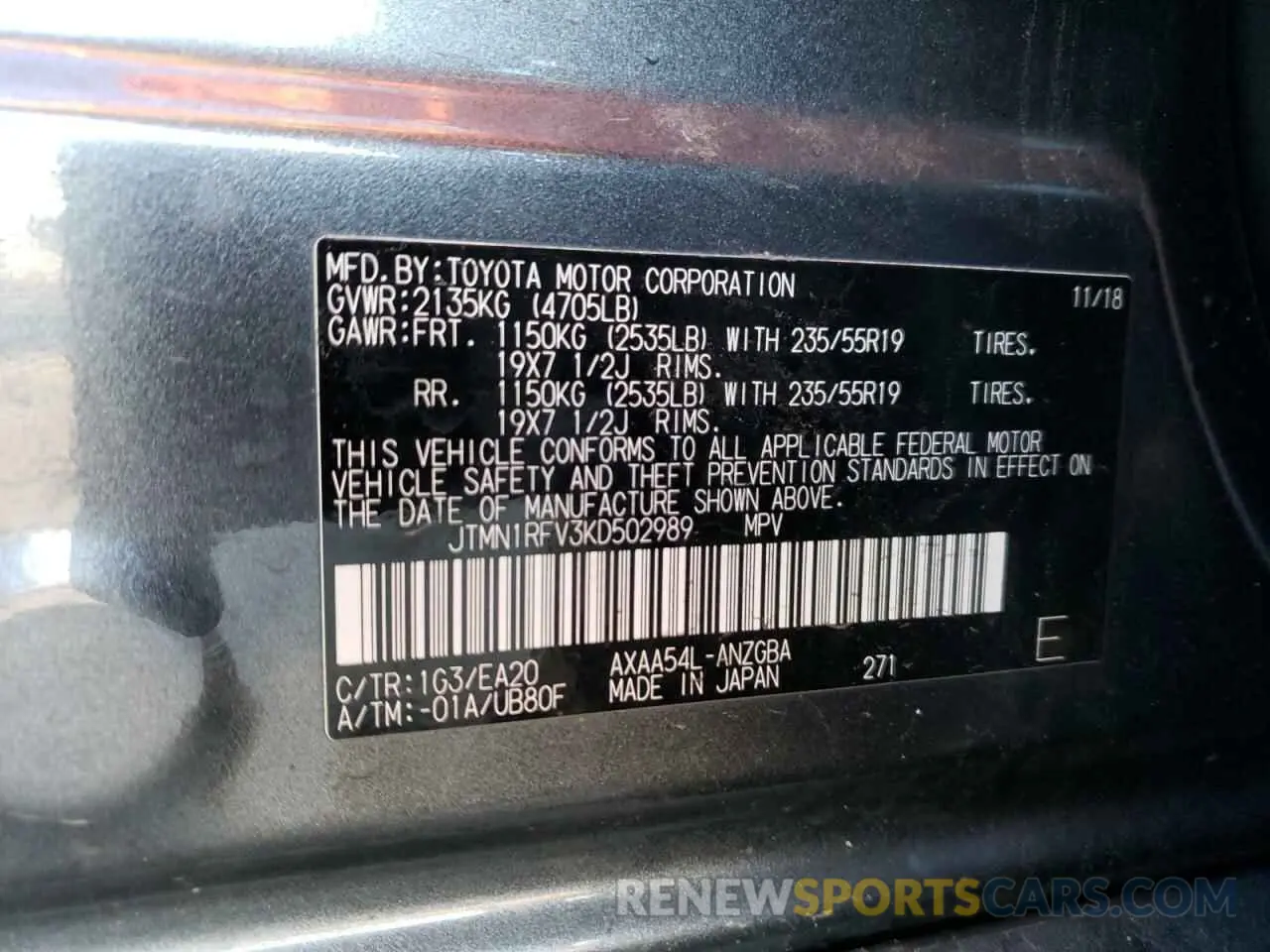 10 fotografías del automóvil dañado JTMN1RFV3KD502989 TOYOTA RAV4 2019