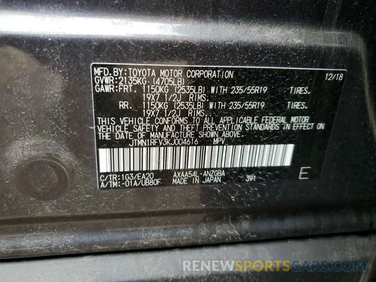 10 fotografías del automóvil dañado JTMN1RFV3KJ004616 TOYOTA RAV4 2019