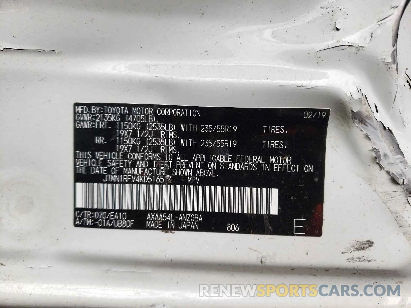 10 fotografías del automóvil dañado JTMN1RFV4KD516514 TOYOTA RAV4 2019
