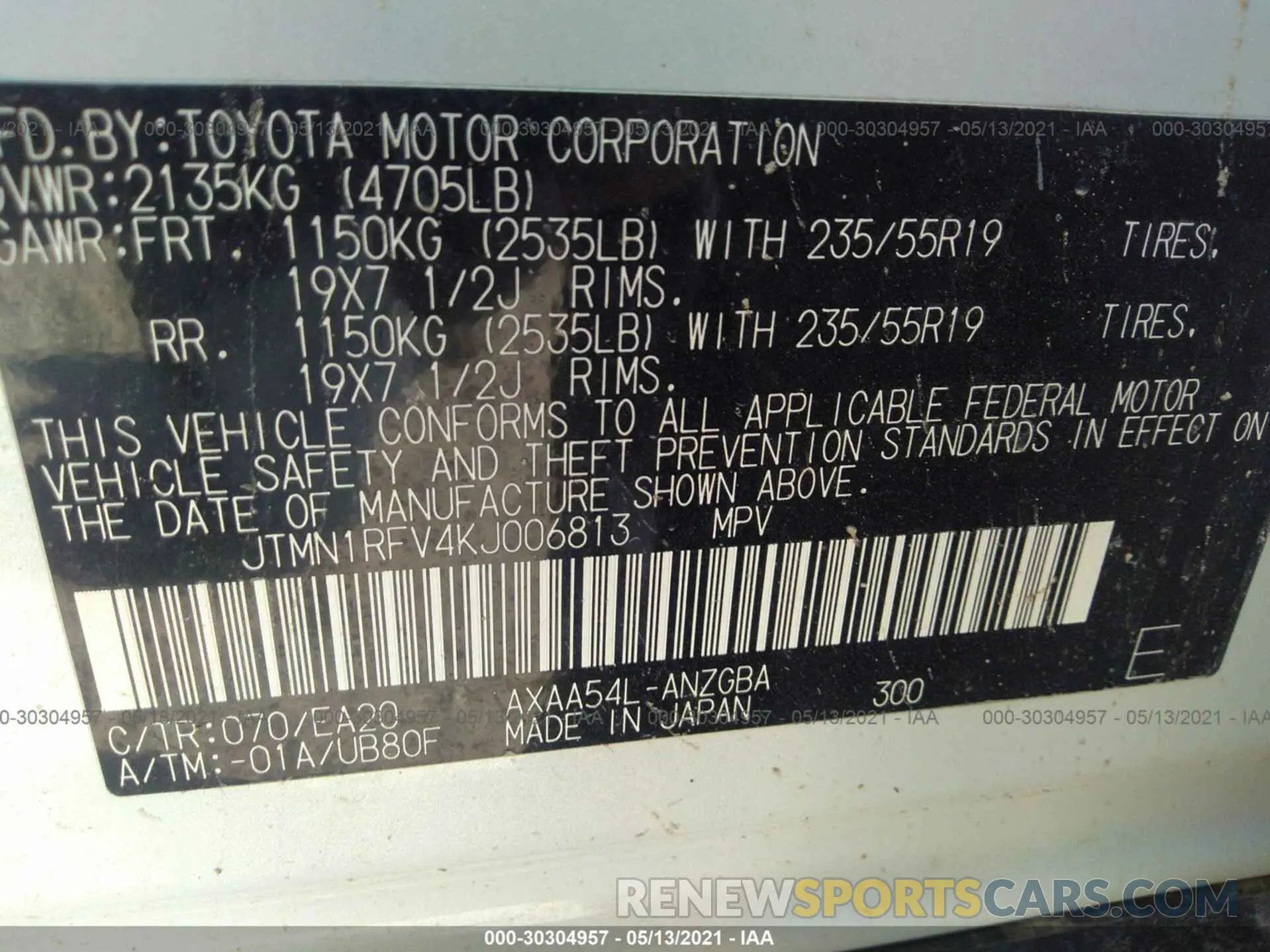 9 fotografías del automóvil dañado JTMN1RFV4KJ006813 TOYOTA RAV4 2019