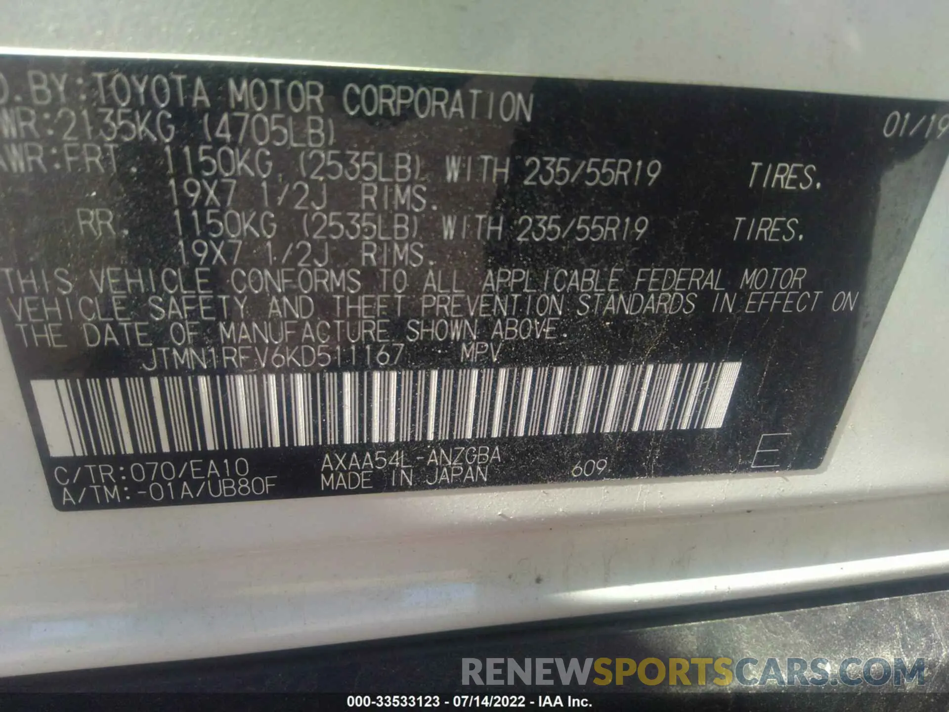 9 fotografías del automóvil dañado JTMN1RFV6KD511167 TOYOTA RAV4 2019