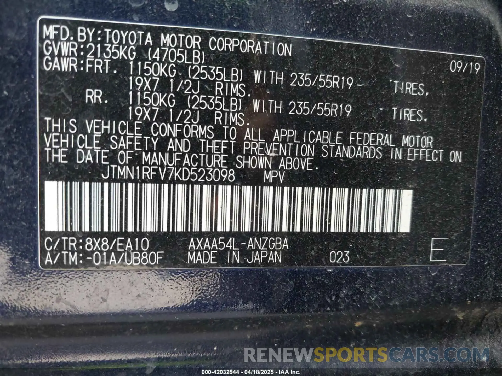 9 fotografías del automóvil dañado JTMN1RFV7KD523098 TOYOTA RAV4 2019