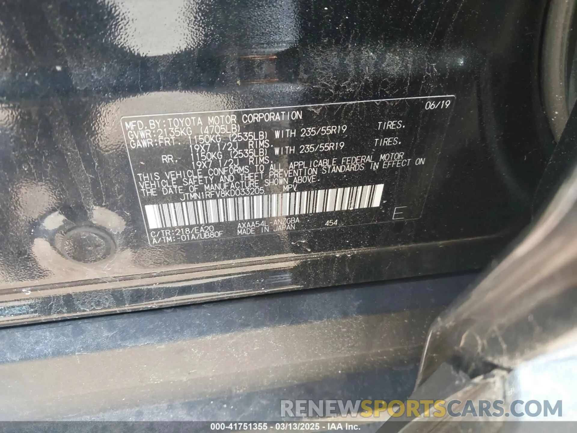 9 fotografías del automóvil dañado JTMN1RFV8KD033205 TOYOTA RAV4 2019