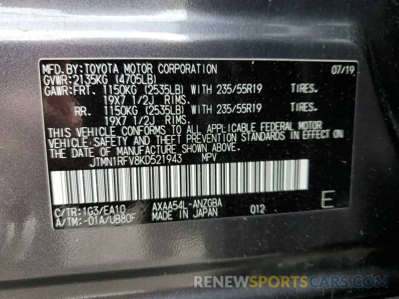 13 fotografías del automóvil dañado JTMN1RFV8KD521943 TOYOTA RAV4 2019