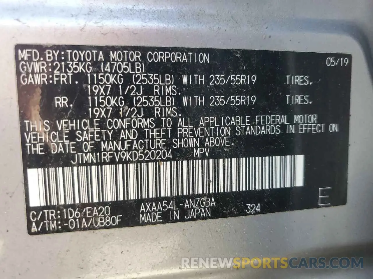 12 fotografías del automóvil dañado JTMN1RFV9KD520204 TOYOTA RAV4 2019