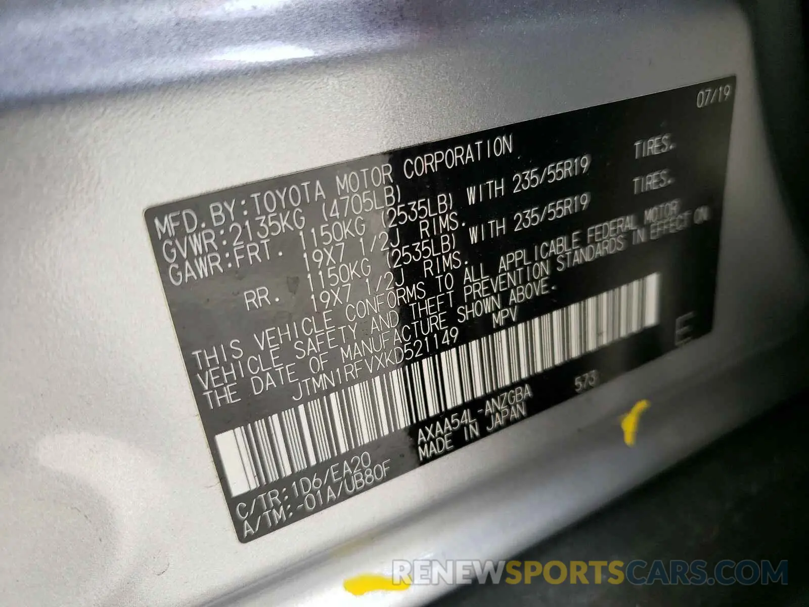 10 fotografías del automóvil dañado JTMN1RFVXKD521149 TOYOTA RAV4 2019