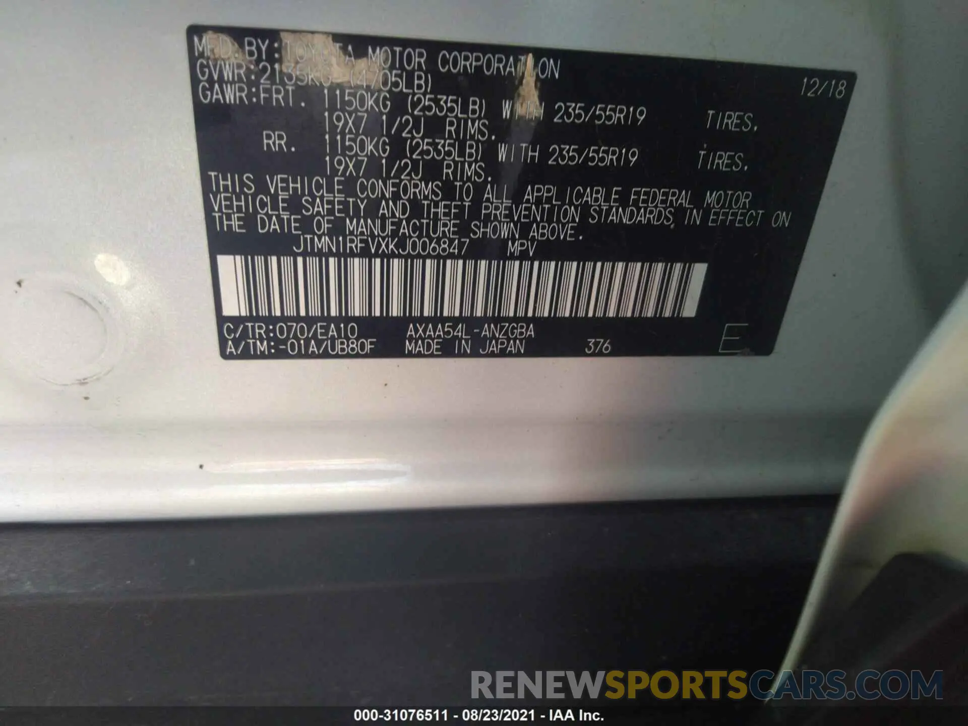 9 fotografías del automóvil dañado JTMN1RFVXKJ006847 TOYOTA RAV4 2019
