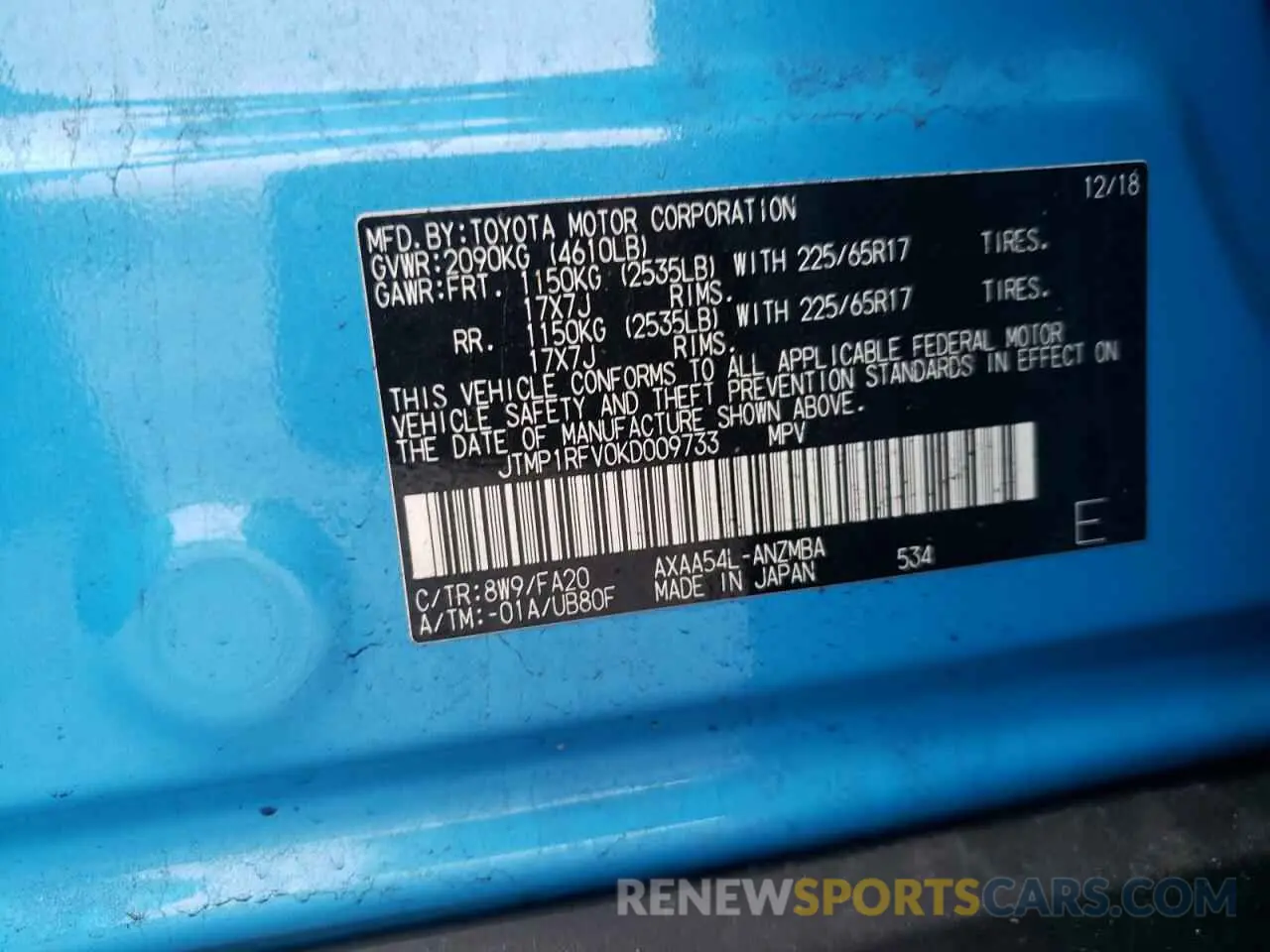 10 fotografías del automóvil dañado JTMP1RFV0KD009733 TOYOTA RAV4 2019