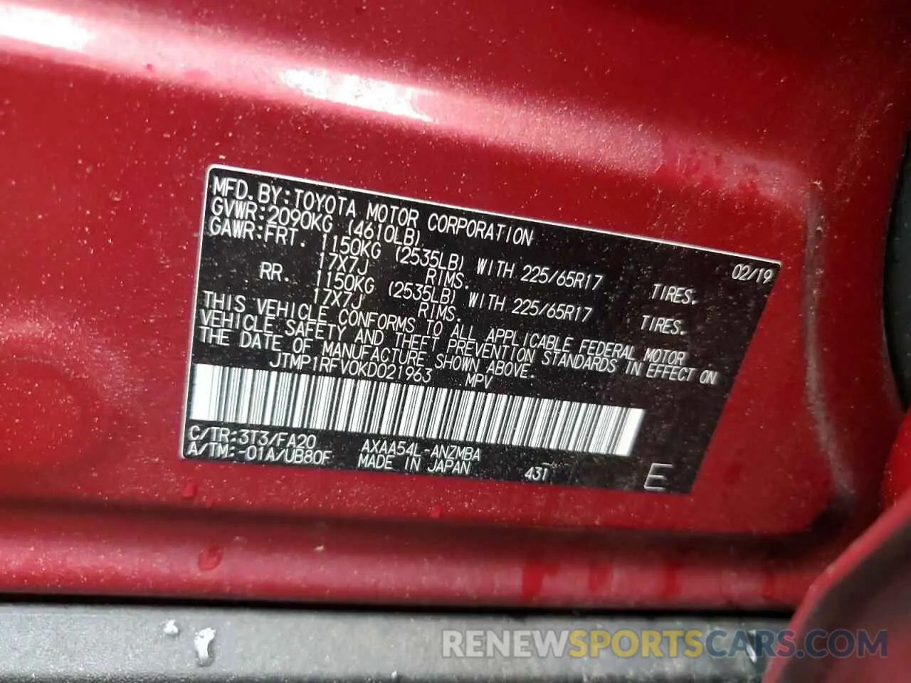 12 fotografías del automóvil dañado JTMP1RFV0KD021963 TOYOTA RAV4 2019