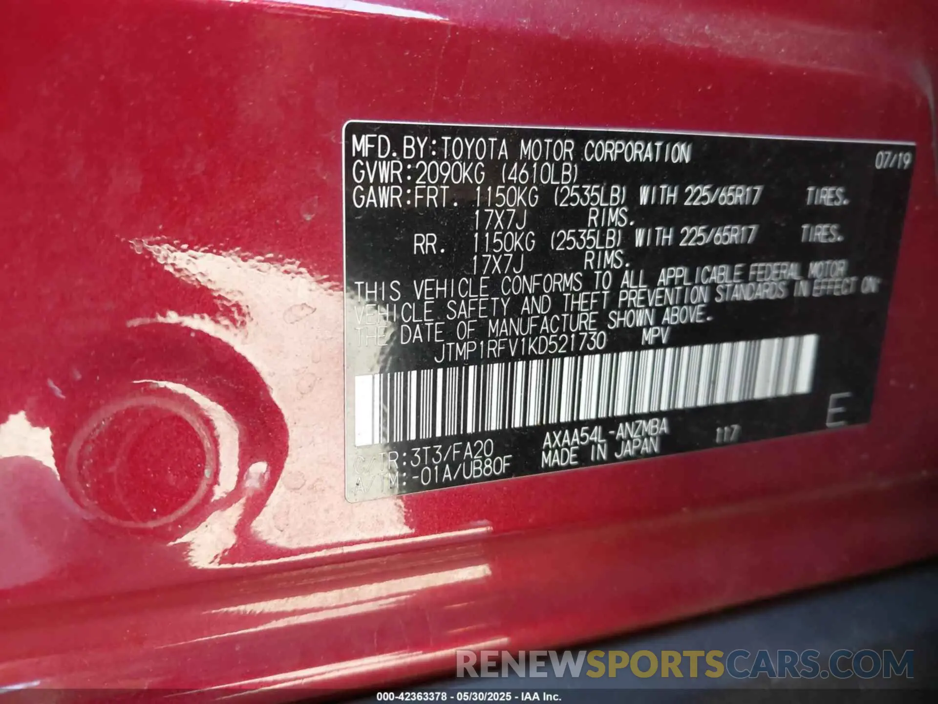 9 fotografías del automóvil dañado JTMP1RFV1KD521730 TOYOTA RAV4 2019