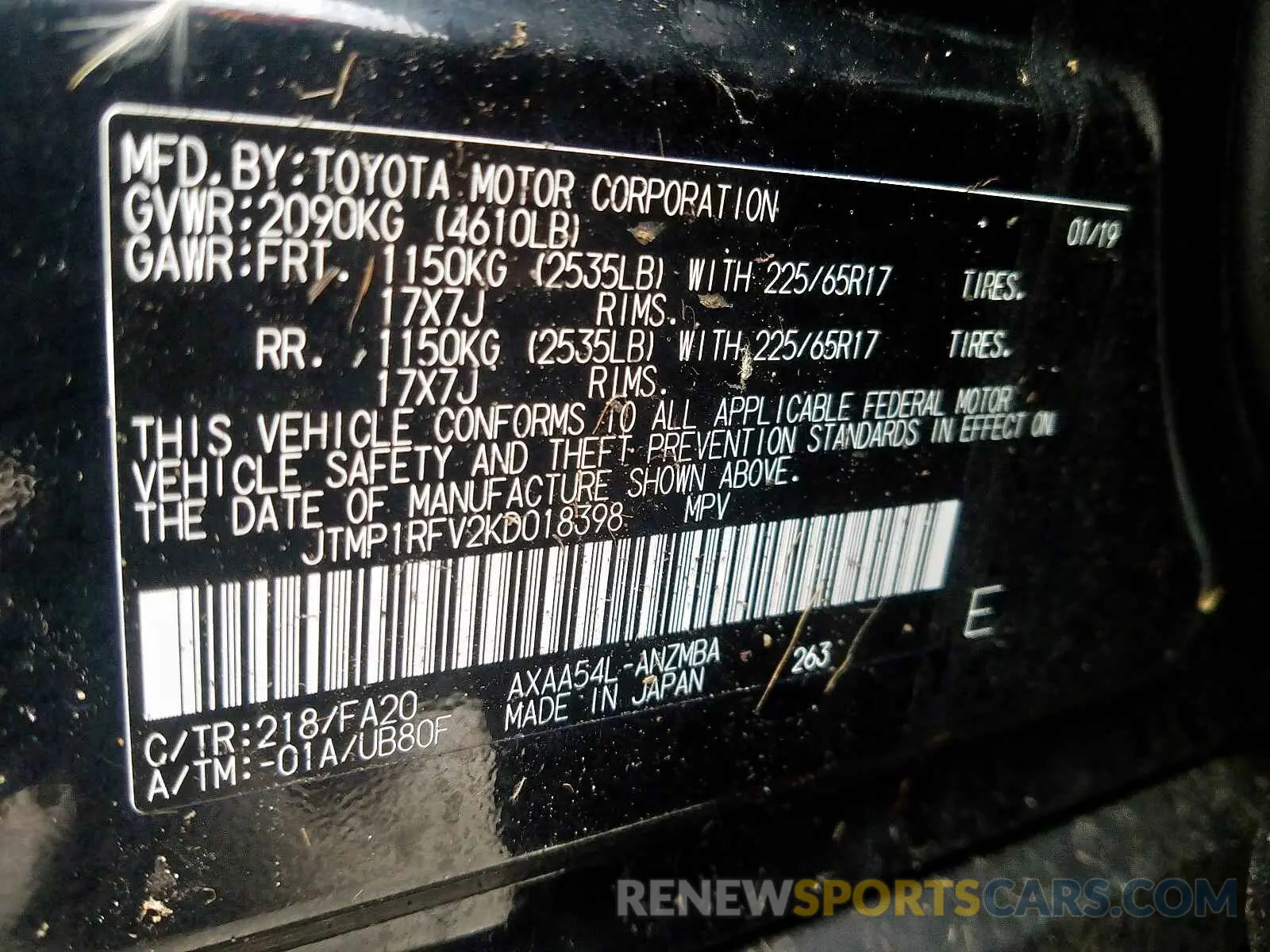 10 fotografías del automóvil dañado JTMP1RFV2KD018398 TOYOTA RAV4 2019