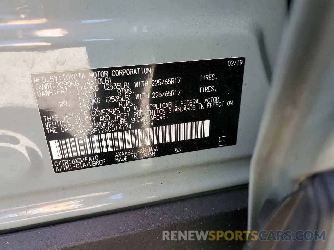 10 fotografías del automóvil dañado JTMP1RFV2KD514124 TOYOTA RAV4 2019