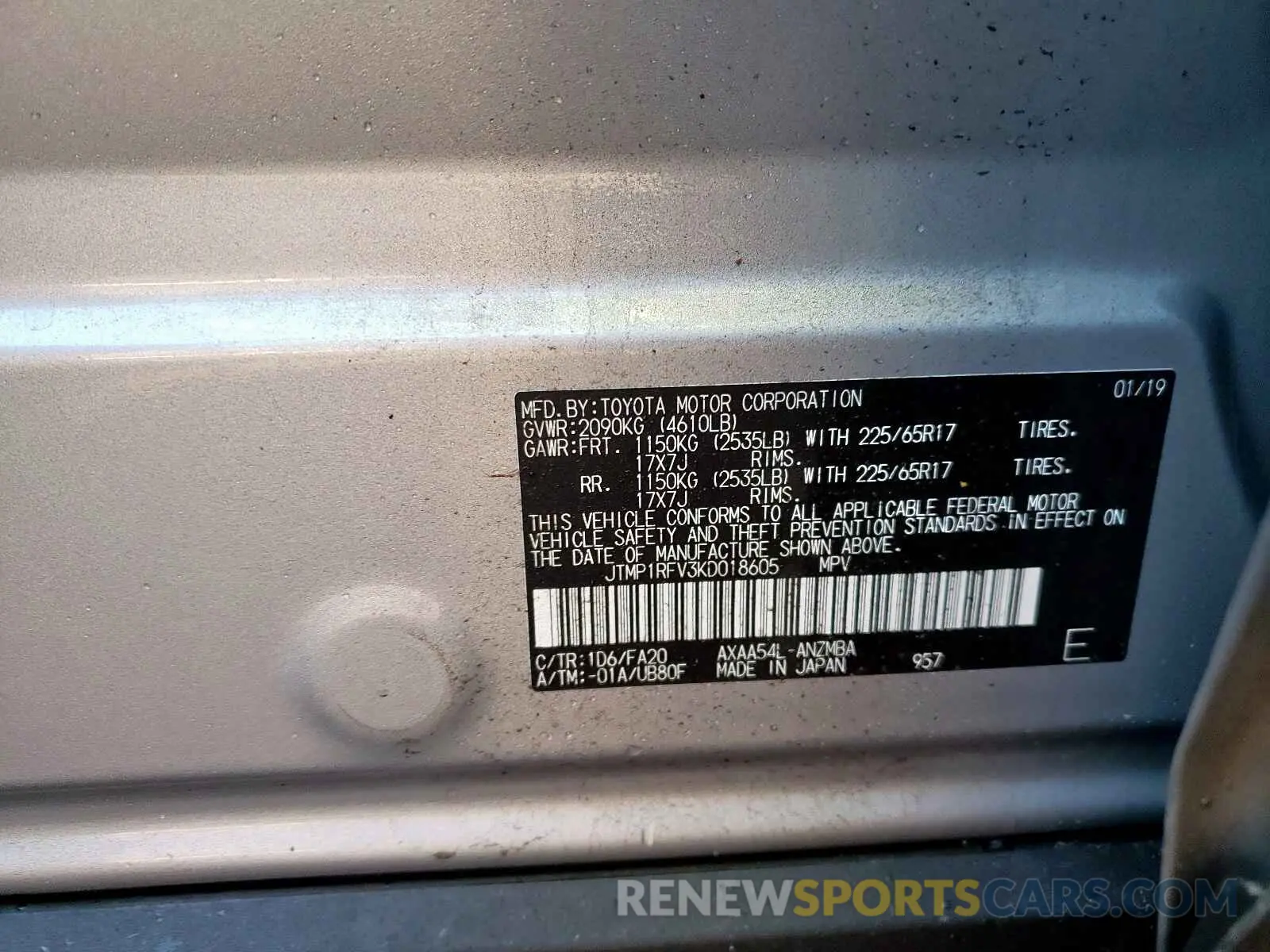 10 fotografías del automóvil dañado JTMP1RFV3KD018605 TOYOTA RAV4 2019
