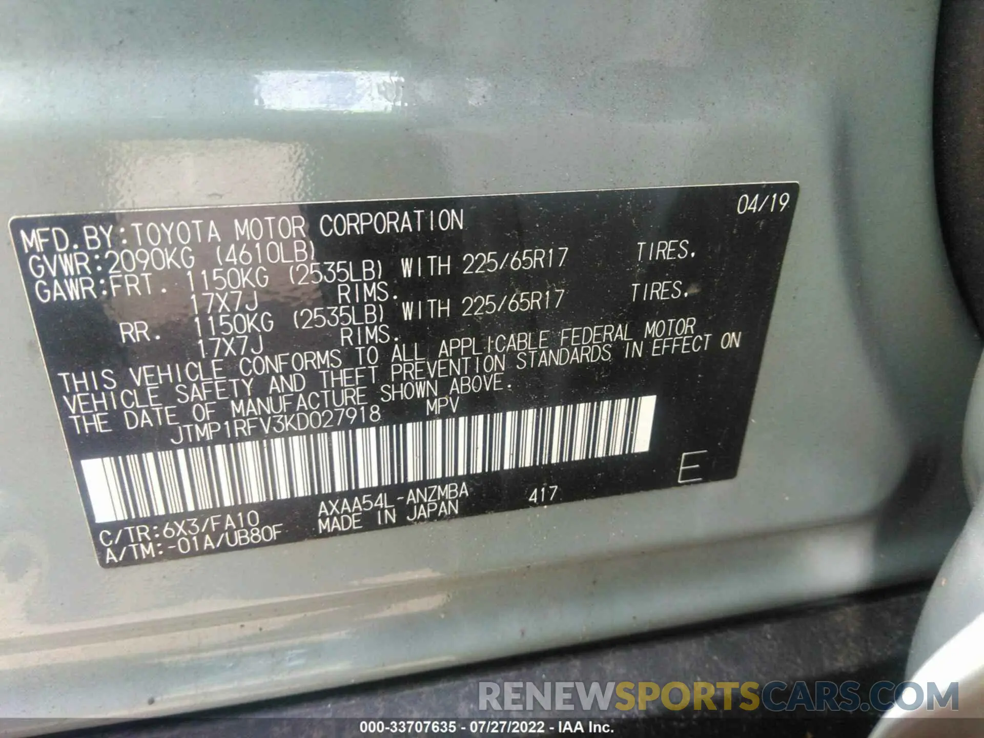 9 fotografías del automóvil dañado JTMP1RFV3KD027918 TOYOTA RAV4 2019