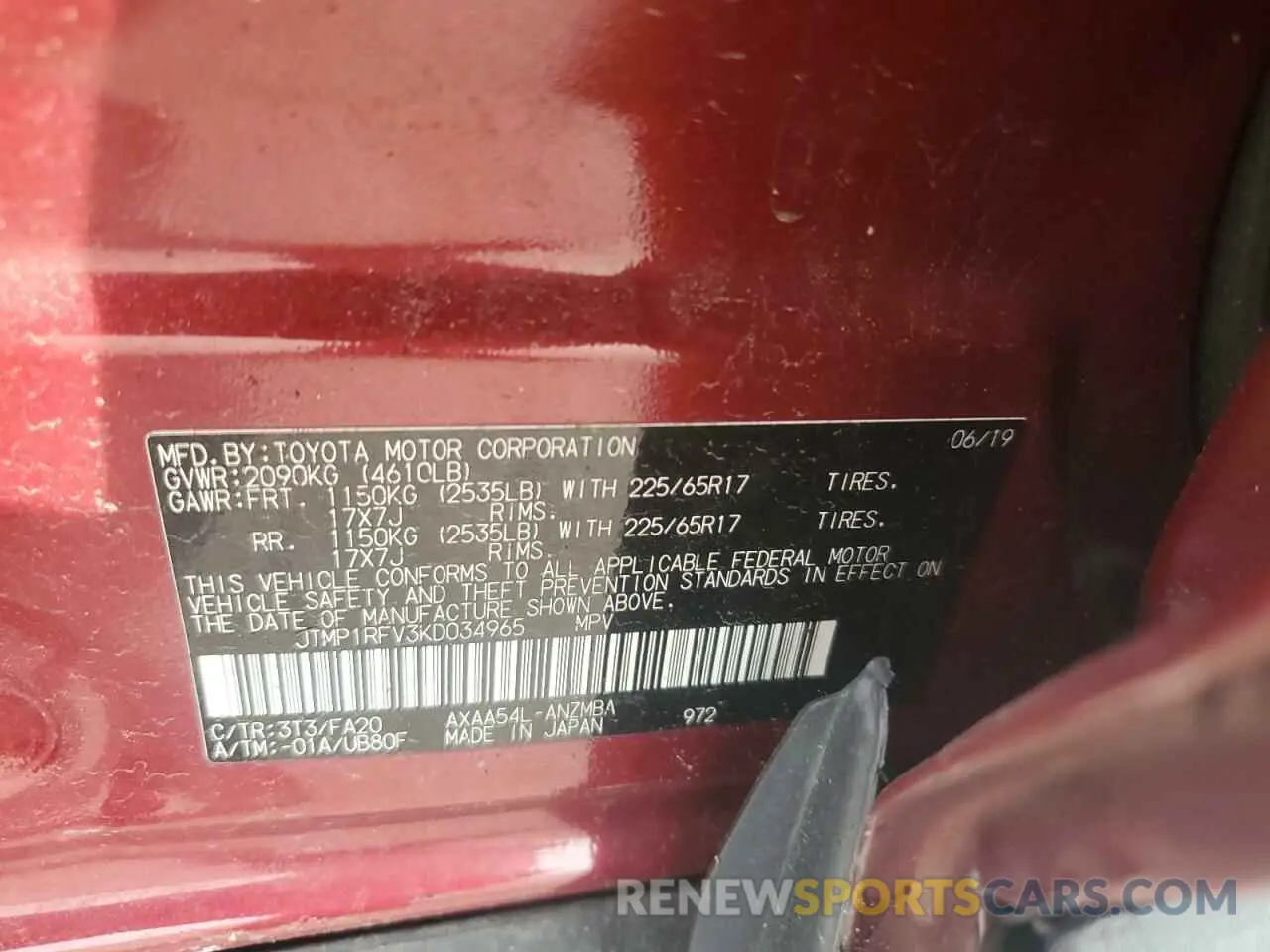 15 fotografías del automóvil dañado JTMP1RFV3KD034965 TOYOTA RAV4 2019