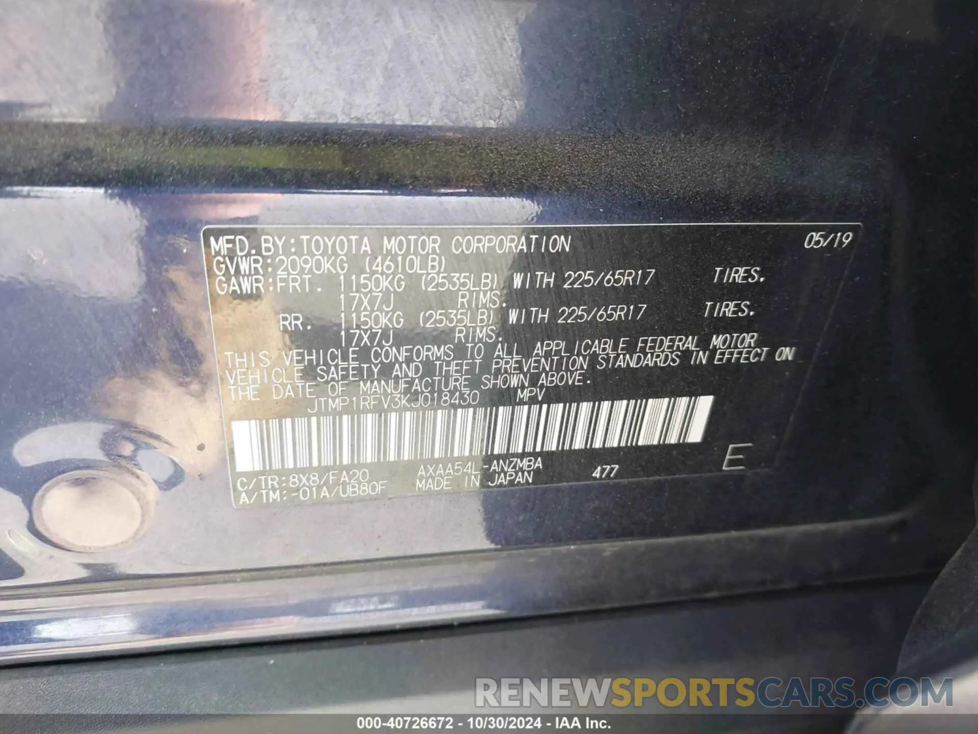 9 fotografías del automóvil dañado JTMP1RFV3KJ018430 TOYOTA RAV4 2019
