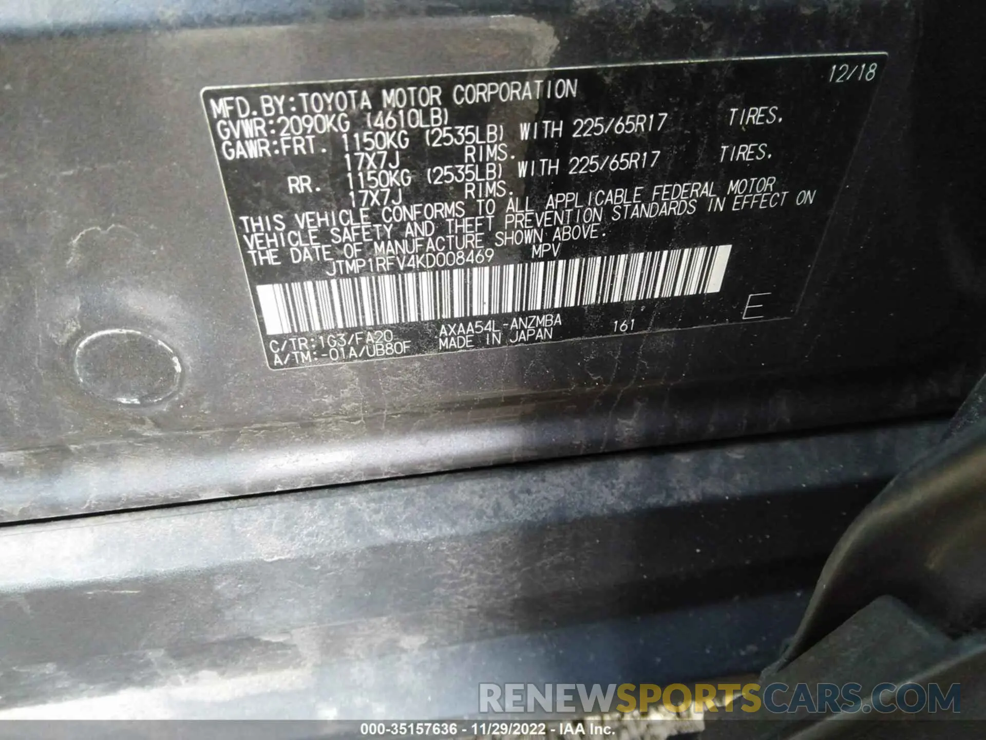 9 fotografías del automóvil dañado JTMP1RFV4KD008469 TOYOTA RAV4 2019