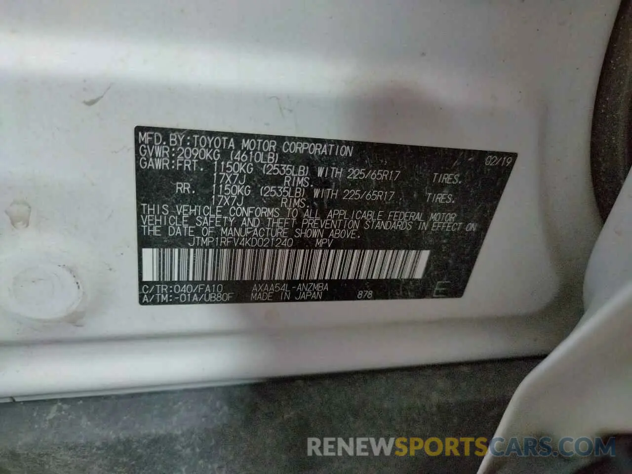 10 fotografías del automóvil dañado JTMP1RFV4KD021240 TOYOTA RAV4 2019