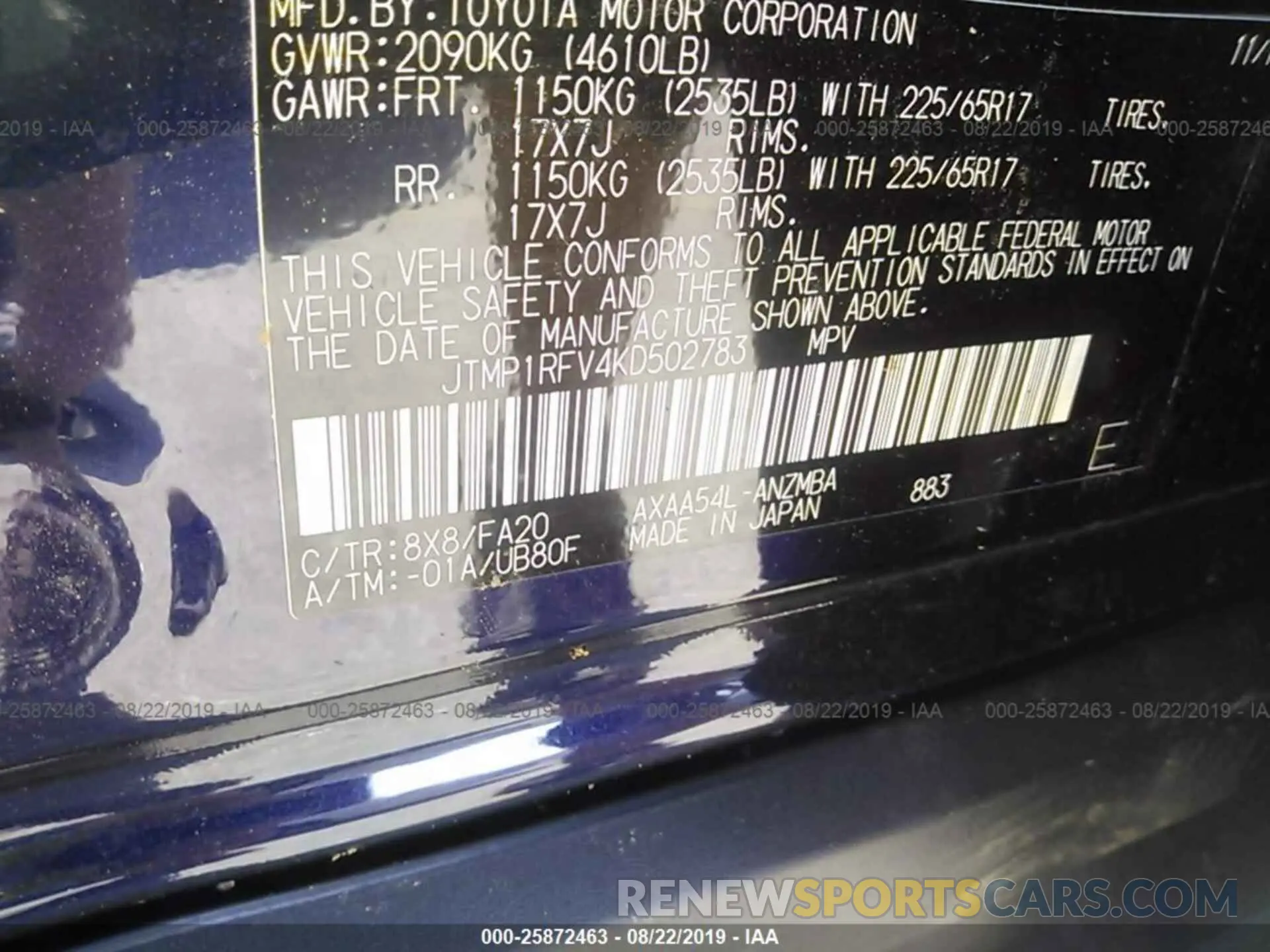 9 fotografías del automóvil dañado JTMP1RFV4KD502783 TOYOTA RAV4 2019