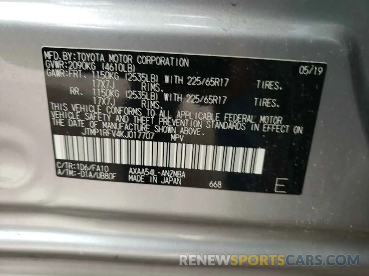 10 fotografías del automóvil dañado JTMP1RFV4KJ017707 TOYOTA RAV4 2019