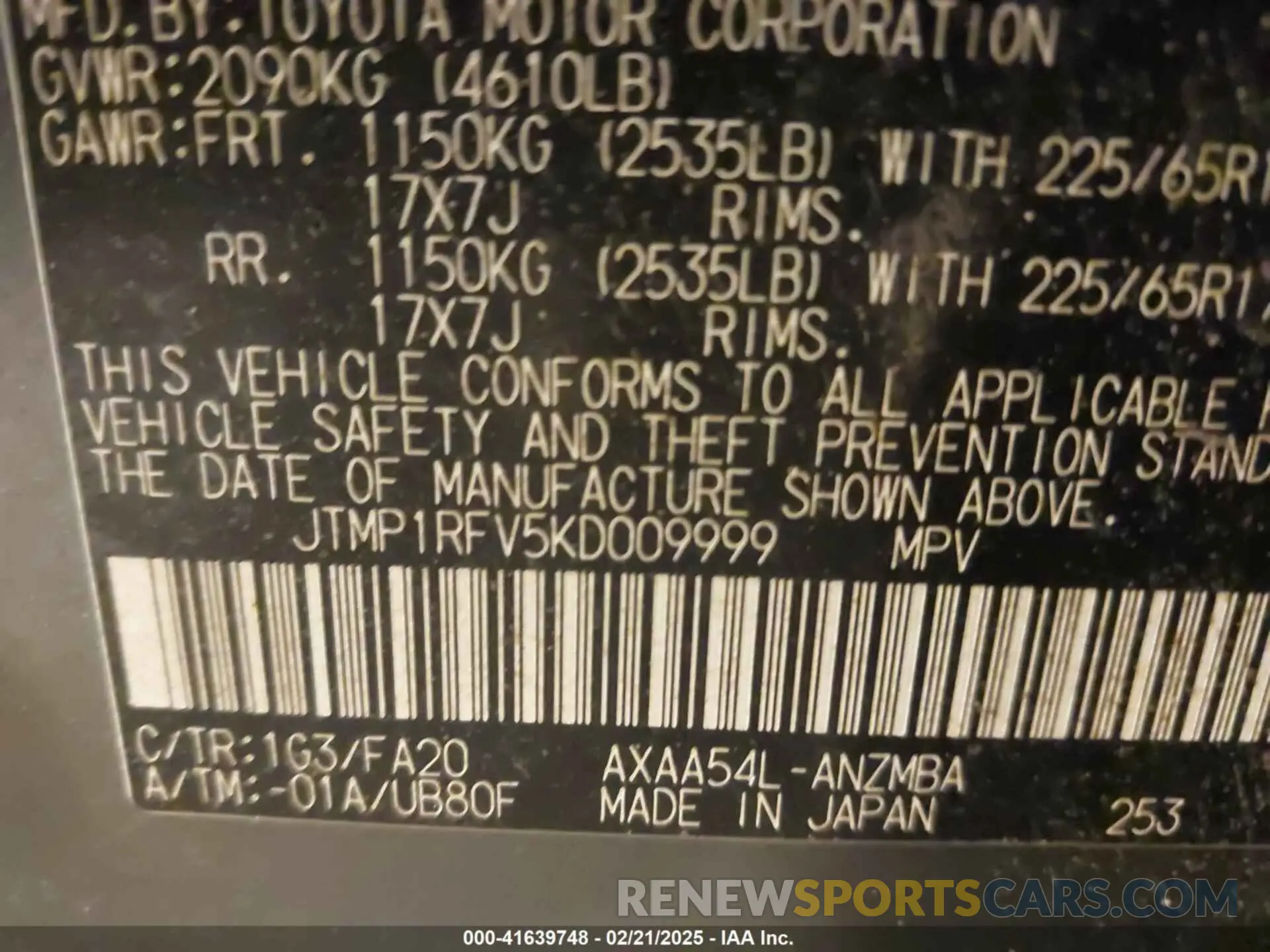 9 fotografías del automóvil dañado JTMP1RFV5KD009999 TOYOTA RAV4 2019