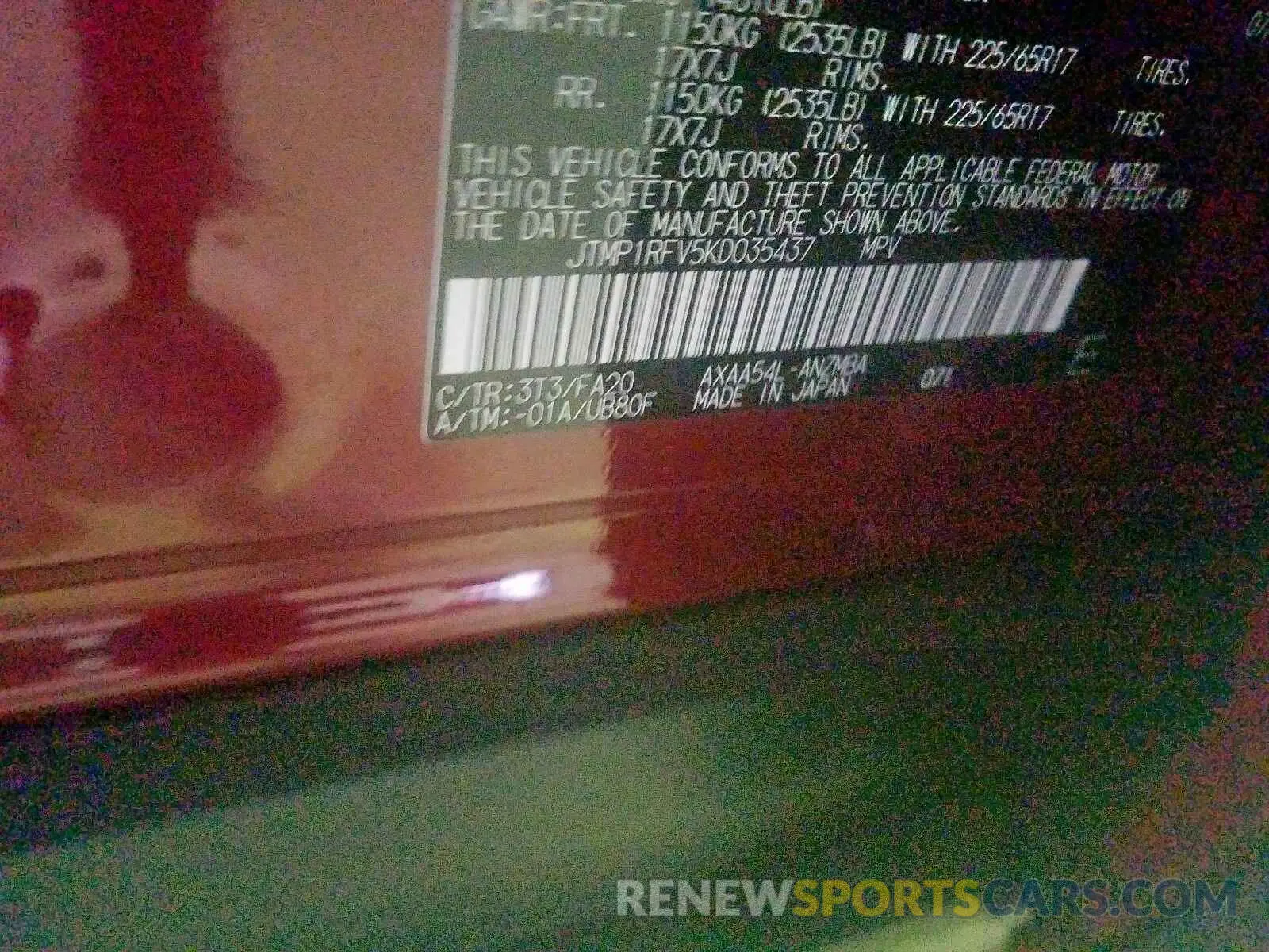 10 fotografías del automóvil dañado JTMP1RFV5KD035437 TOYOTA RAV4 2019
