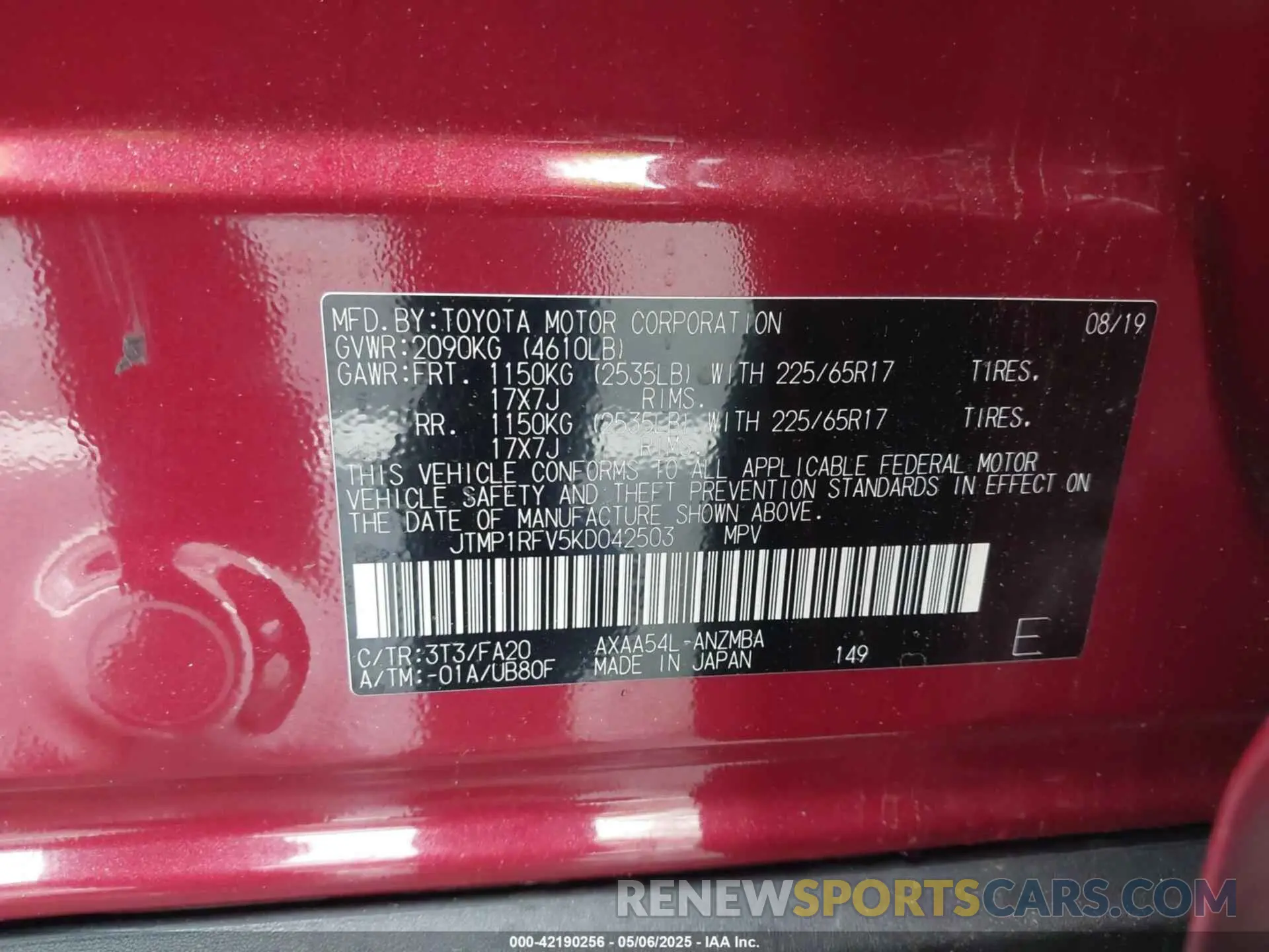 9 fotografías del automóvil dañado JTMP1RFV5KD042503 TOYOTA RAV4 2019