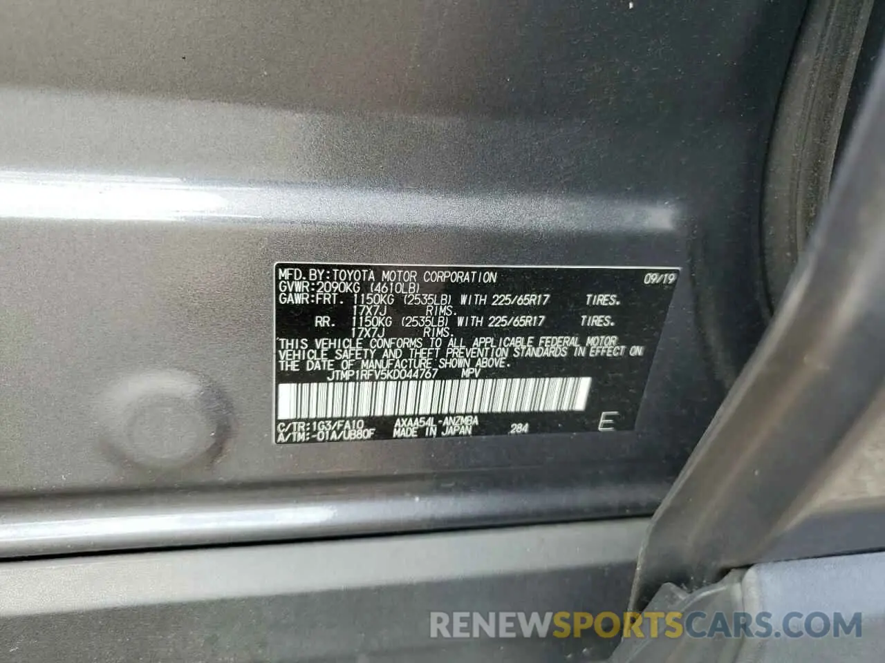 12 fotografías del automóvil dañado JTMP1RFV5KD044767 TOYOTA RAV4 2019