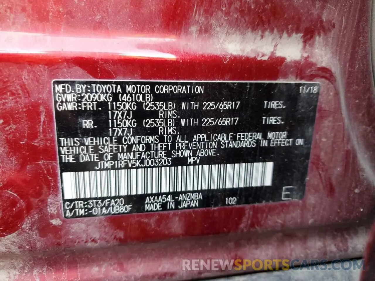 14 fotografías del automóvil dañado JTMP1RFV5KJ003203 TOYOTA RAV4 2019