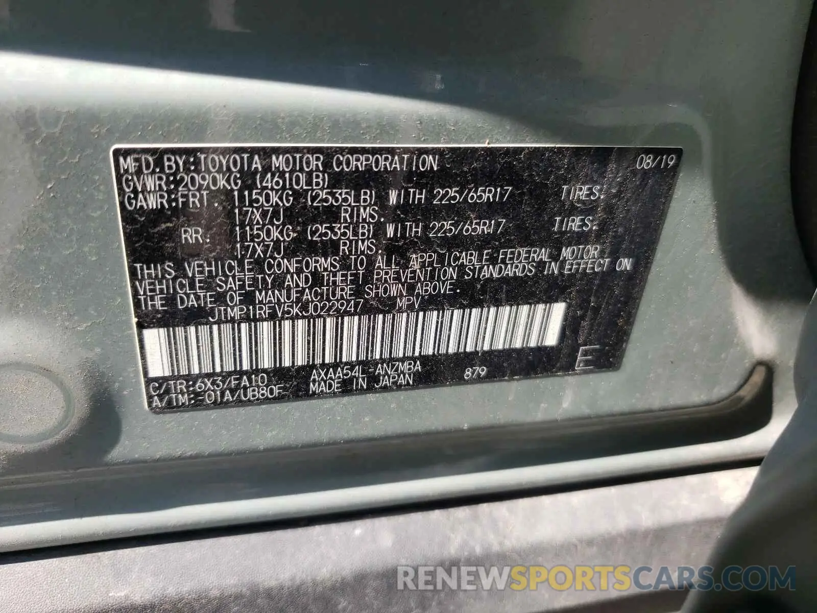 10 fotografías del automóvil dañado JTMP1RFV5KJ022947 TOYOTA RAV4 2019