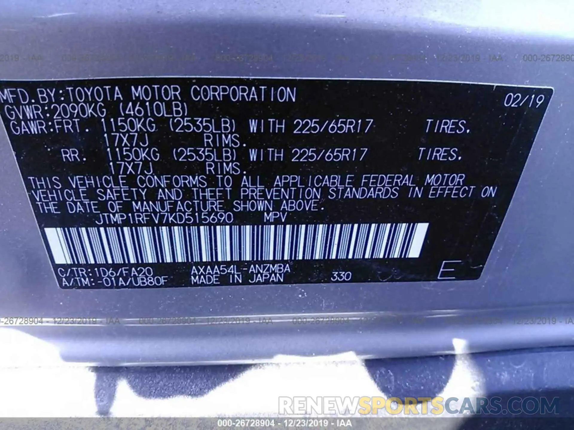 9 fotografías del automóvil dañado JTMP1RFV7KD515690 TOYOTA RAV4 2019