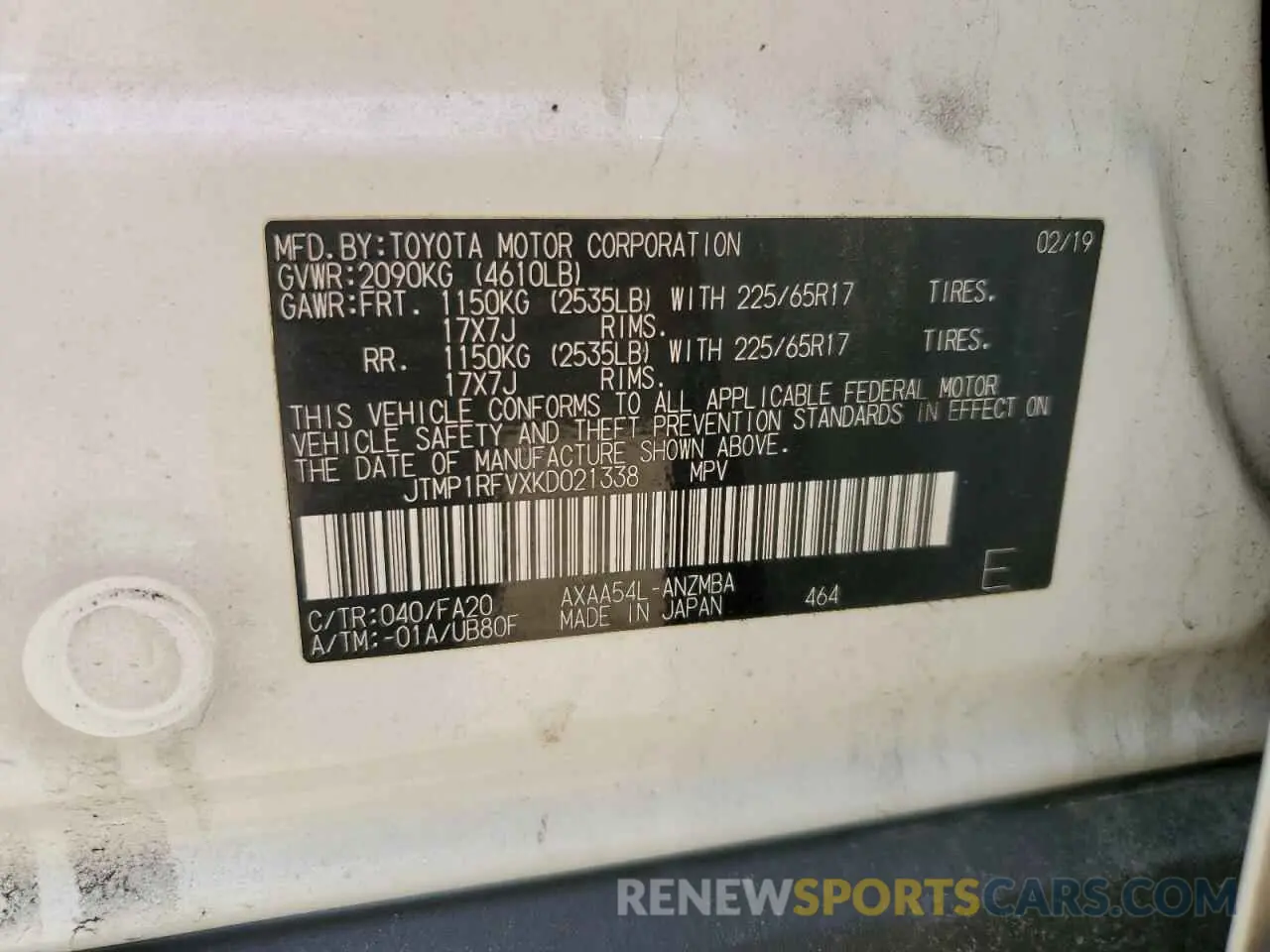 13 fotografías del automóvil dañado JTMP1RFVXKD021338 TOYOTA RAV4 2019
