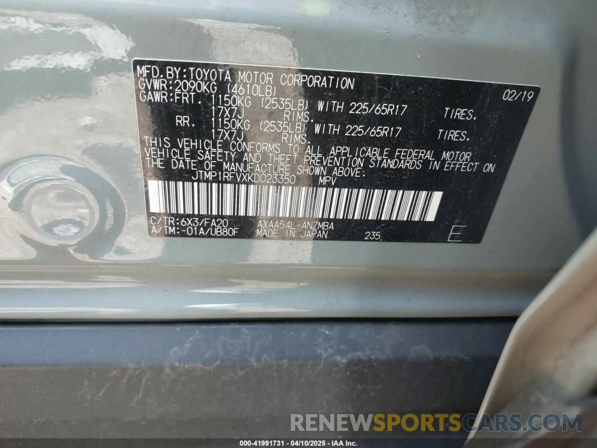 9 fotografías del automóvil dañado JTMP1RFVXKD023350 TOYOTA RAV4 2019