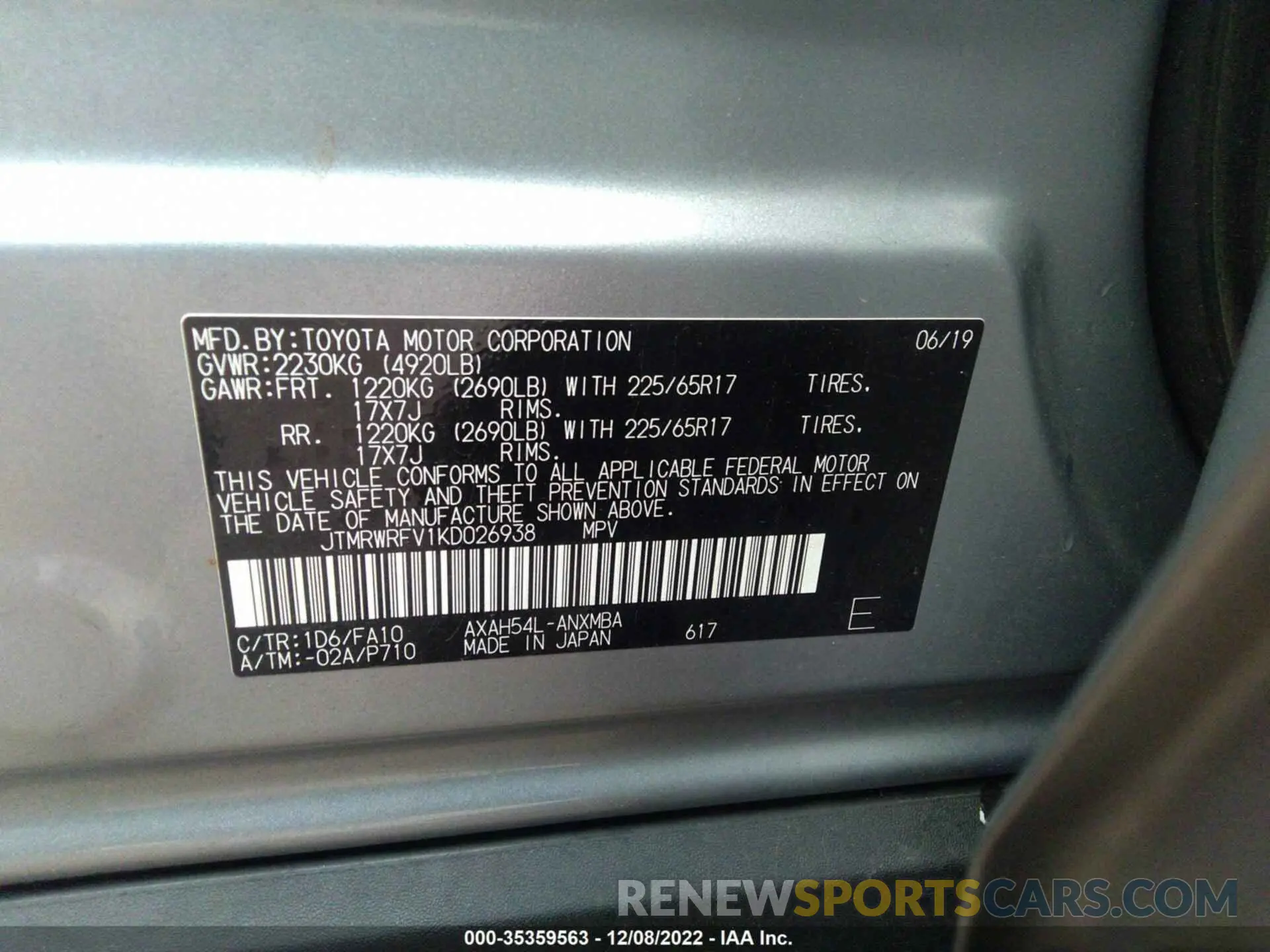 9 fotografías del automóvil dañado JTMRWRFV1KD026938 TOYOTA RAV4 2019
