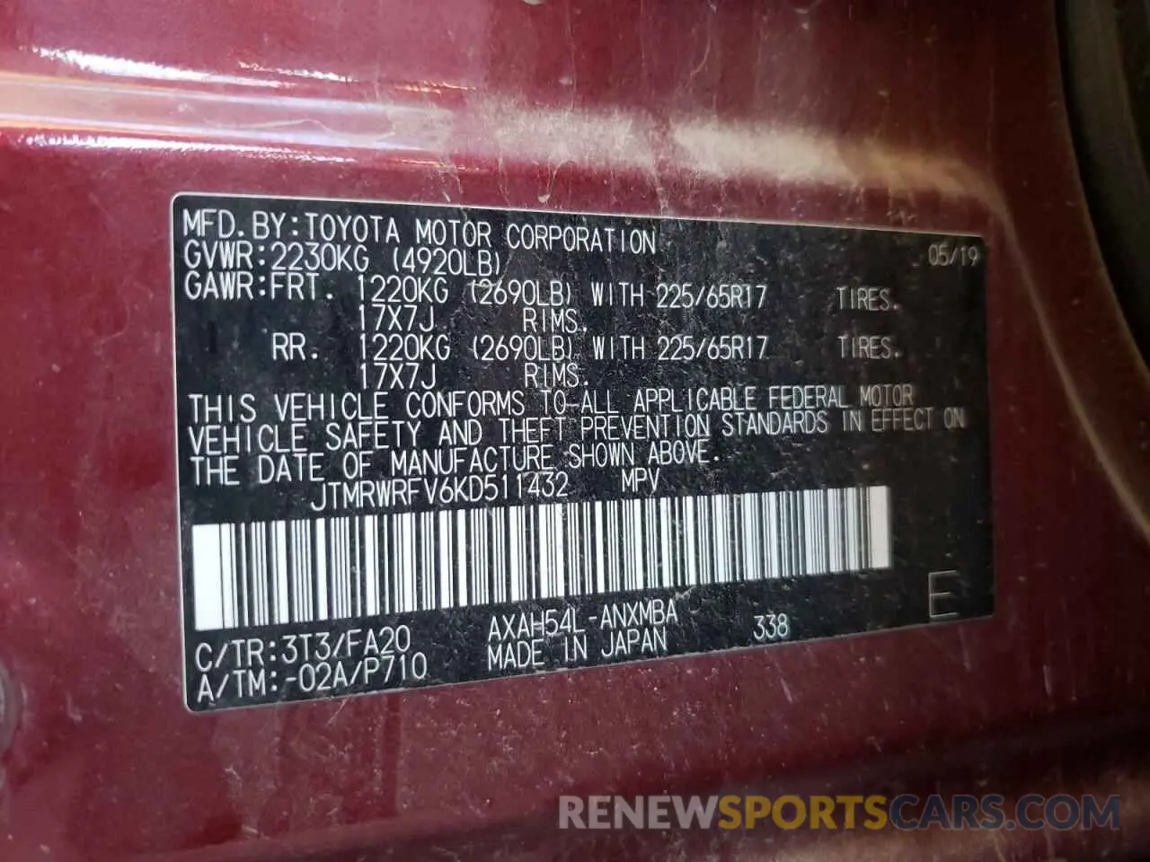 10 fotografías del automóvil dañado JTMRWRFV6KD511432 TOYOTA RAV4 2019