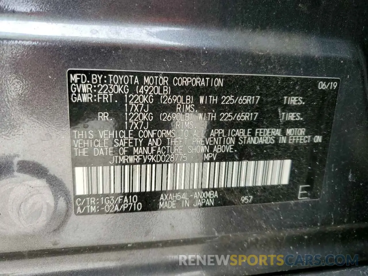 13 fotografías del automóvil dañado JTMRWRFV9KD028775 TOYOTA RAV4 2019