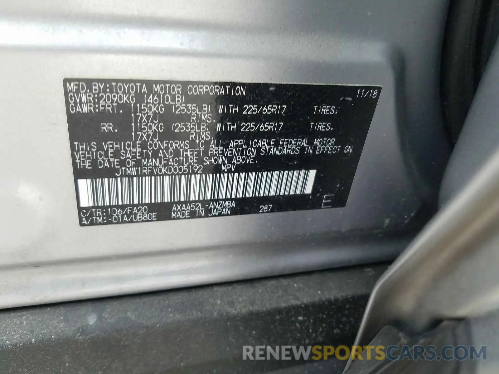 10 fotografías del automóvil dañado JTMW1RFV0KD005192 TOYOTA RAV4 2019