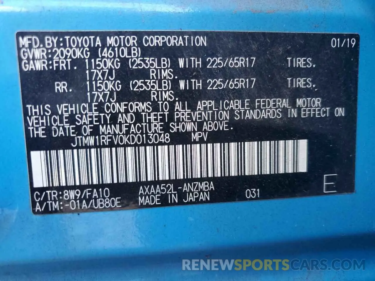 13 fotografías del automóvil dañado JTMW1RFV0KD013048 TOYOTA RAV4 2019