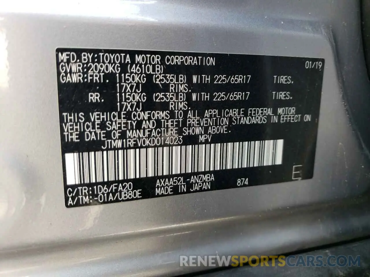 10 fotografías del automóvil dañado JTMW1RFV0KD014023 TOYOTA RAV4 2019