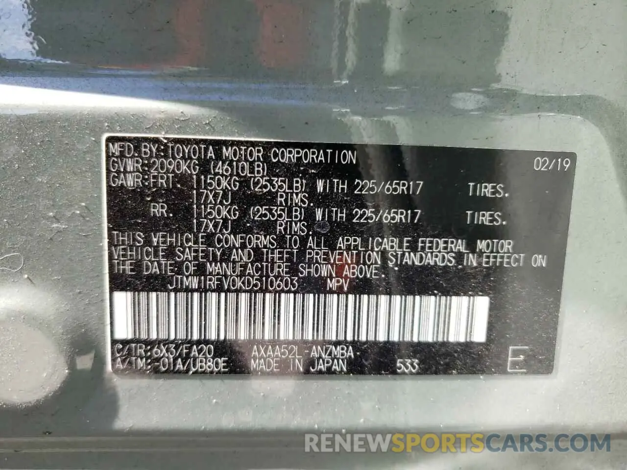 10 fotografías del automóvil dañado JTMW1RFV0KD510603 TOYOTA RAV4 2019