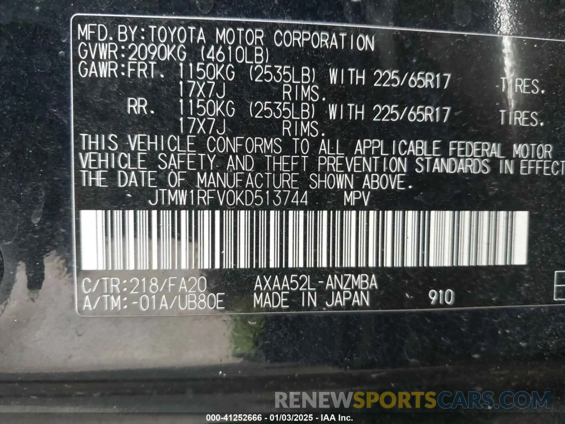 9 fotografías del automóvil dañado JTMW1RFV0KD513744 TOYOTA RAV4 2019