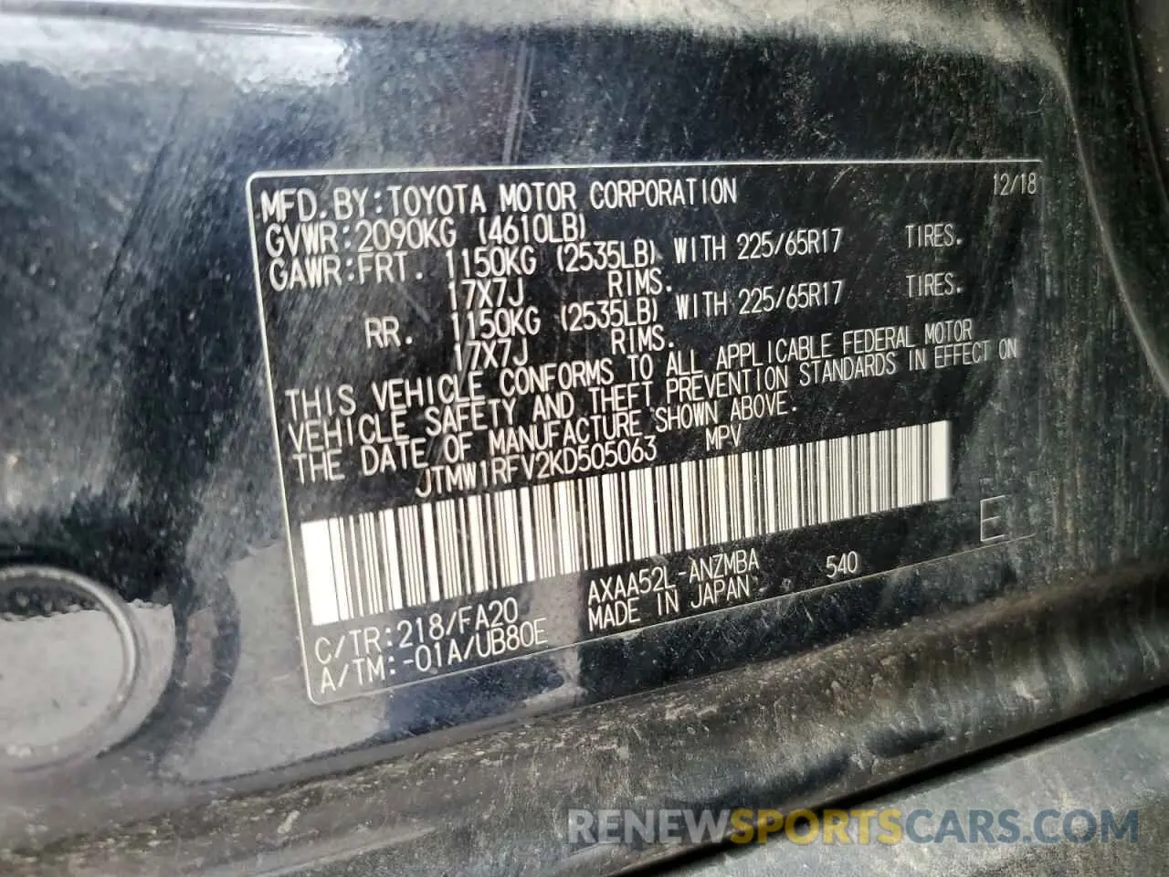 13 fotografías del automóvil dañado JTMW1RFV2KD505063 TOYOTA RAV4 2019