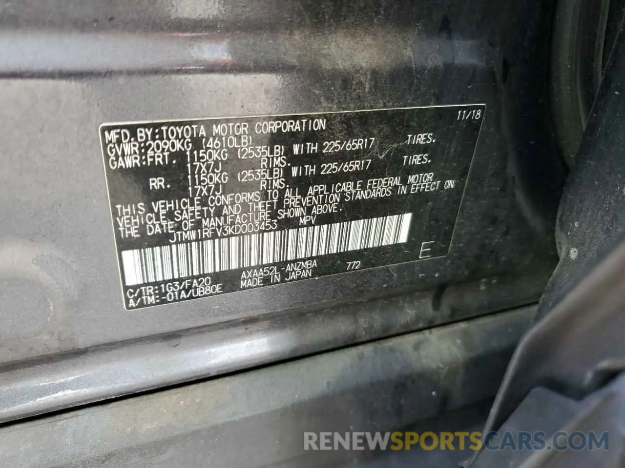 12 fotografías del automóvil dañado JTMW1RFV3KD003453 TOYOTA RAV4 2019