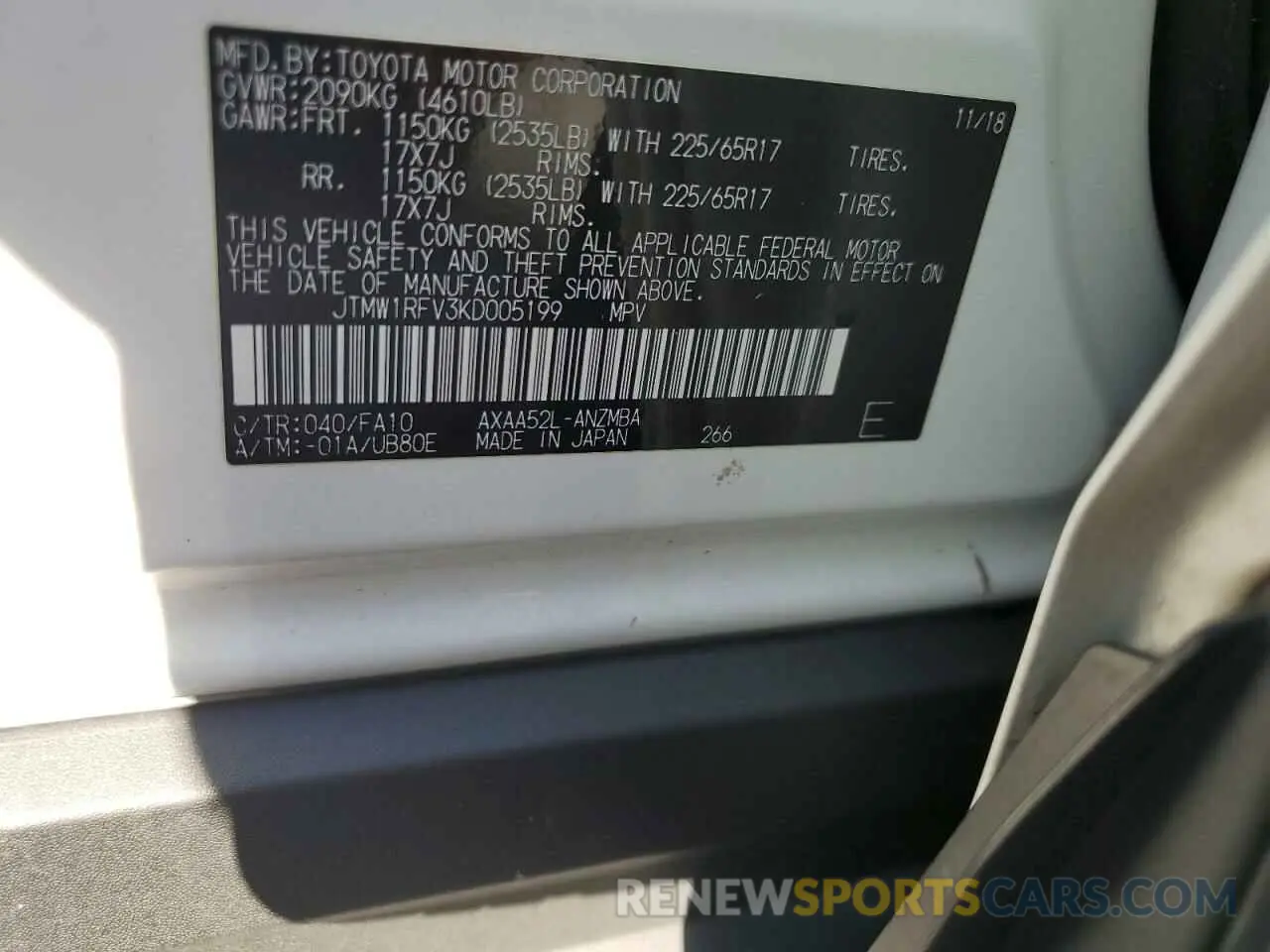 10 fotografías del automóvil dañado JTMW1RFV3KD005199 TOYOTA RAV4 2019