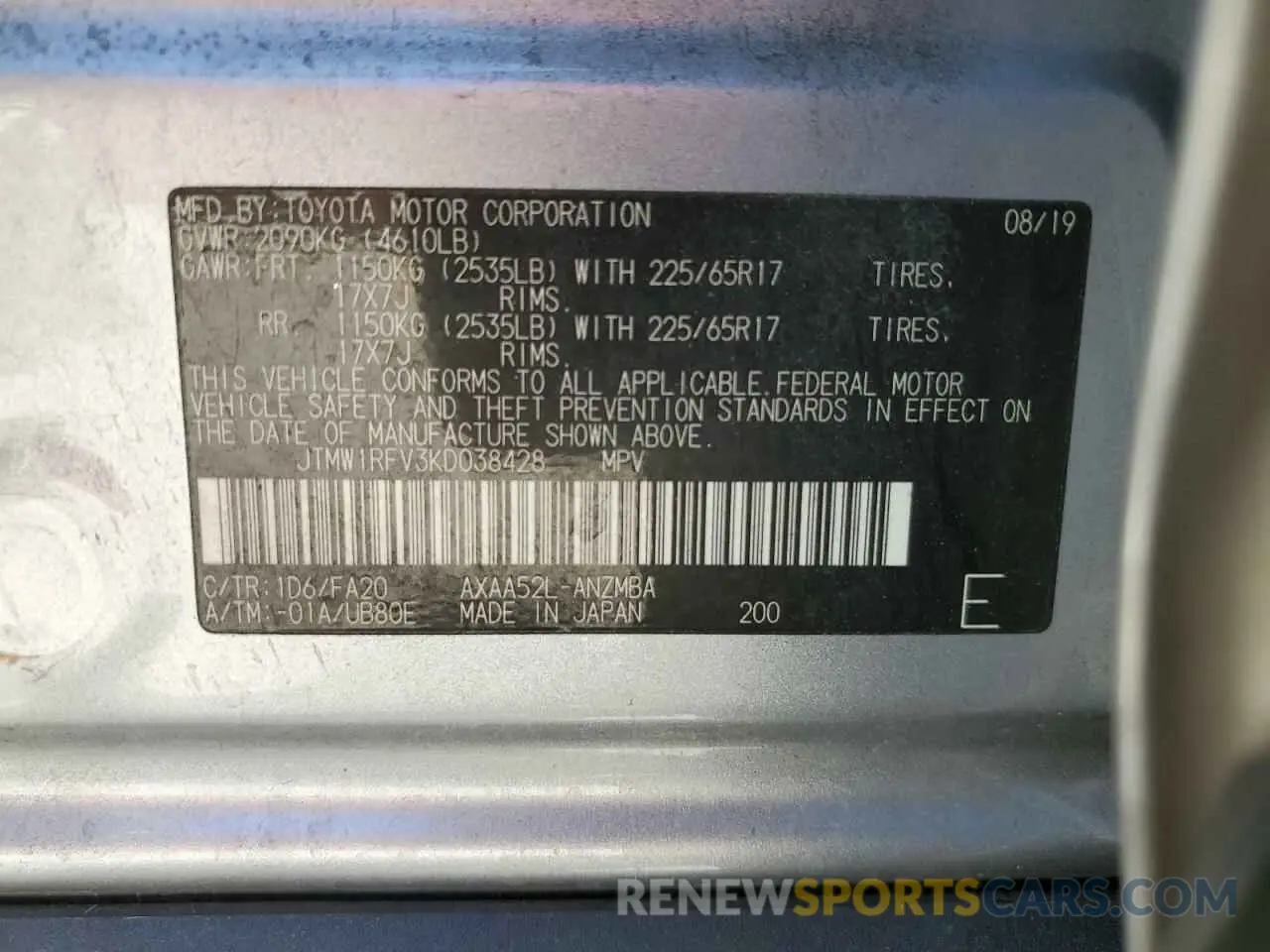 15 fotografías del automóvil dañado JTMW1RFV3KD038428 TOYOTA RAV4 2019
