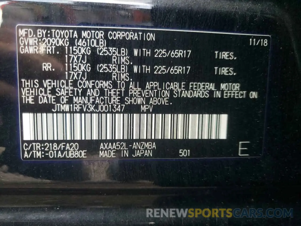 10 fotografías del automóvil dañado JTMW1RFV3KJ001347 TOYOTA RAV4 2019
