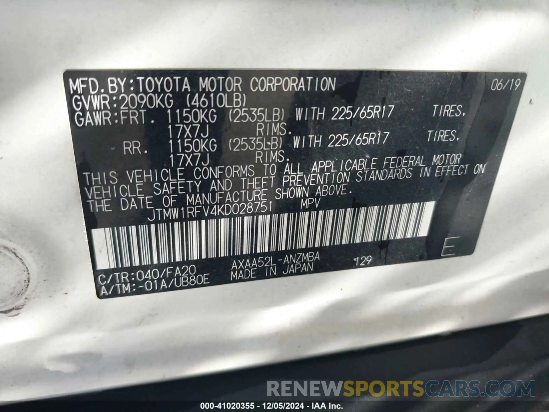 9 fotografías del automóvil dañado JTMW1RFV4KD028751 TOYOTA RAV4 2019
